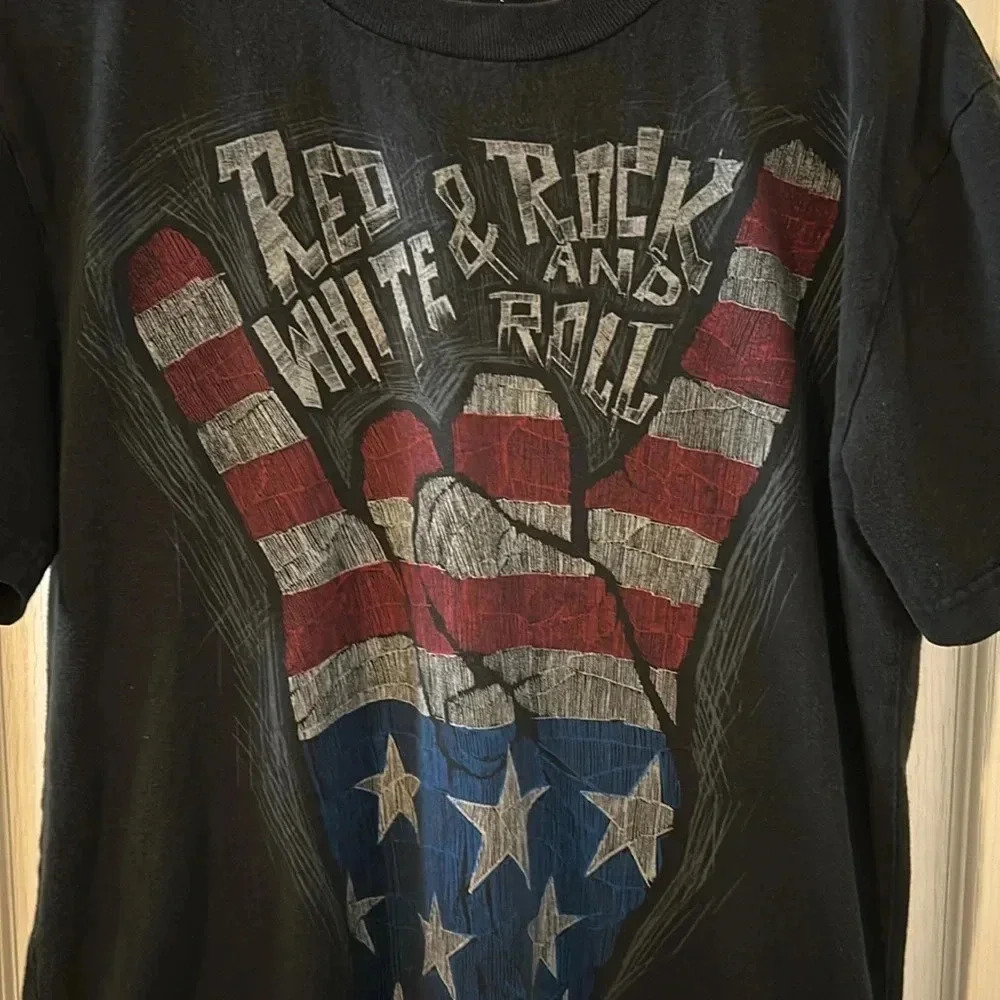 Boys size 18, black red white and rock and roll T-shirt